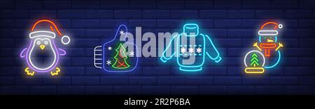 Christmas activities neon sign set with sweater Stock Vector