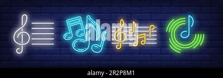 Stave, treble clef and music notes neon signs set Stock Vector