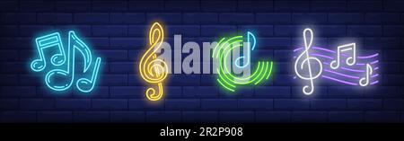 Music notes and treble clef neon signs set Stock Vector