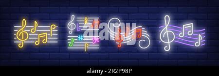 Music notes, treble clefs and stave neon signs set Stock Vector