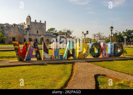 large letters spelling out Valladolid in a park in the Sisal neighborhood of Valladolid Yucatan Mexico Stock Photo