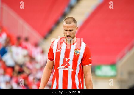 May 20, 2023: ALMERIA, SPAIN - MAY 20: Rodrigo Ely of UD Almeria focus during the match between UD Almeria and RCD Mallorca of La Liga Santander on May 20, 2023 at PowerHorse Stadium in Almeria, Spain. (Credit Image: © Samuel CarreÃ±O/PX Imagens via ZUMA Press Wire) EDITORIAL USAGE ONLY! Not for Commercial USAGE! Stock Photo