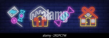 Gingerbread cookie houses with candy canes neon signs set Stock Vector