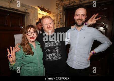 (left to right) Aine Groogan, Brian Smyth amd Anthony Flynn from the Green Party at Belfast City Hall during the Northern Ireland council elections. Picture date: Saturday May 20, 2023. Stock Photo