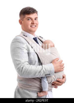 Father holding his child in baby carrier on white background Stock Photo