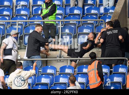 Fight between fans of GE and F after the game, soccer 1st Bundesliga, 33rd matchday, FC Schalke 04 (GE) - Eintracht Frankfurt (F) 2: 2, on May 20th, 2023 in Gelsenkirchen/Germany. #DFL regulations prohibit any use of photographs as image sequences and/or quasi-video # Stock Photo