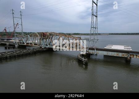 Aerial view of the old River Draw Bridge in Perth Amboy, NJ. The new bridge construction is in the background Stock Photo