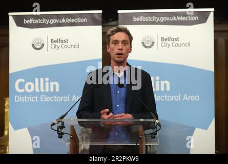 Michael Collins from People Before Profit giving his acceptance speech at Belfast City Hall during the Northern Ireland council elections. Picture date: Saturday May 20, 2023. Stock Photo