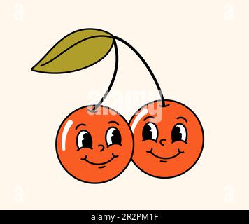 Retro hippie cherry concept. Fruits and berries with faces with emotions. Back in 80s and 90s. Template, layout and mock up. Cartoon flat vector illus Stock Vector