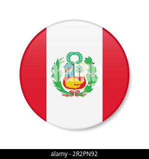 Peru circle button icon. Peruvian round badge flag with shadow. 3D realistic vector illustration isolated on white. Stock Vector