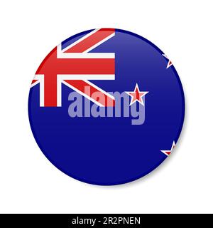 New Zealand circle button icon. Kiwi round badge flag with shadow. 3D realistic vector illustration isolated on white. Stock Vector