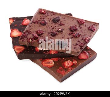 Chocolate bars with freeze dried berries on white background Stock ...