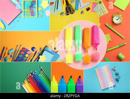 Collage with photos of various school stationery on different color backgrounds, top view Stock Photo