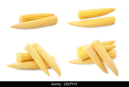 Set with tasty pickled baby corn on white background Stock Photo