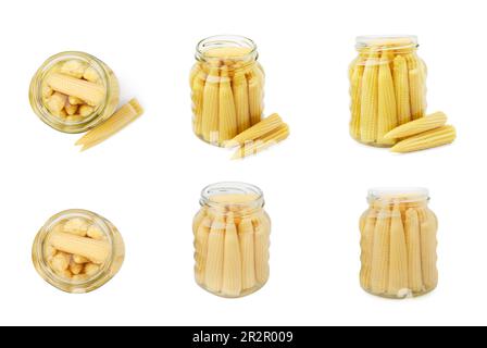 Set with tasty pickled baby corn on white background Stock Photo