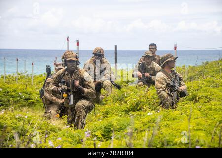 U.S. Army soldiers with Bravo Company, 2nd Battalion, 35th Infantry Regiment, 3rd Infantry Brigade Combat Team, 25th Infantry Division, conduct a movement to the Pyramid Rock Beach military operations on urban terrain site, Marine Corps Base Hawaii, May 12, 2023. Scout swimmers with Comanche Troop, 3rd Squadron, 4th Cavalry Regiment, 3rd Infantry Brigade Combat Team, 25th Infantry Division, transported three platoons with Bravo Company, 2nd Battalion, 35th Infantry Regiment, 3rd Infantry Brigade Combat Team, 25th Infantry Division, and secured a beach landing site in order to insert a raid for Stock Photo