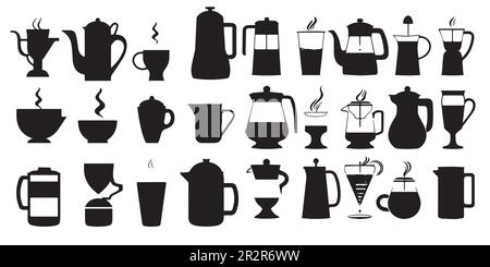 A collection of coffee-related items including a coffee pot, and a mug silhouette vector Stock Vector