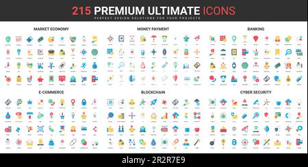 Blockchain, money payment and trade color flat icons set vector illustration. Abstract symbols of ecommerce order, banking account and wallet, online business simple design for mobile and web apps Stock Vector