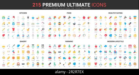 Healthy eating, modern lifestyle, kitchen and bakery equipment color flat icons set vector illustration. Abstract symbols of agriculture farming, organic food simple design for mobile and web apps Stock Vector