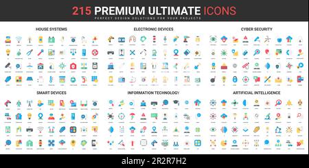 Smart home systems and devices, AI information technology color flat icons set vector illustration. Abstract symbols of artificial intelligence, cyber security simple design for mobile and web apps Stock Vector