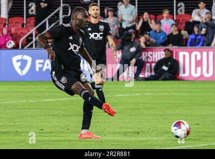 WASHINGTON, DC, USA - 20 MAY, 2023: D.C. United forward Christian Benteke (20) scores in the second half during a MLS match between D.C United and the Los Angeles Galaxy on  May 20, 2023, at Audi Field, in Washington, DC. (Photo by Tony Quinn-Alamy Live News) Stock Photo