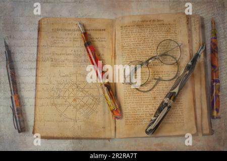 Old Book And Fountain Pens With Handwritten Script Still Life Stock Photo