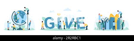 Charity set vector illustration. Cartoon tiny people donate love and hearts to world on globe of Earth, kind volunteers holding letter of Give word, giving donation gift boxes in humanitarian campaign Stock Vector