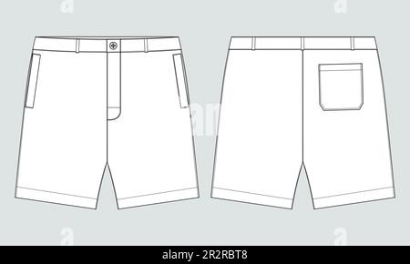 Men's Shorts fashion flat technical drawing template. Short Pants, fashion  flat sketch, front and back view, white. Stock Vector