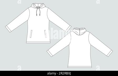 Long Sleeve Hoodie with zipper overall Technical Fashion flats sketch vector illustration template front and back views Isolated on white background. Stock Vector