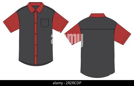 woven fabric shirt technical drawing fashion flat sketch vector illustration template front and back Stock Vector