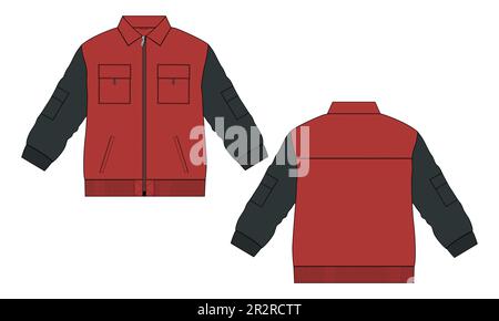 Long sleeve jacket with pocket and zipper technical fashion flat sketch vector illustration template front and back views. Fleece jersey sweatshirt Stock Vector