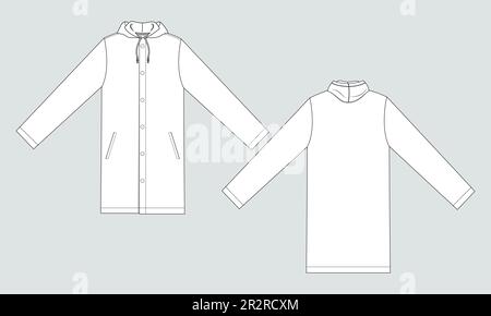 Long sleeve hoodie coat technical drawing fashion flat sketch vector illustration template front and back. Stock Vector