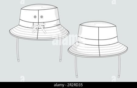 Bucket hat Technical drawing fashion flat sketch vector illustration template front and back views isolated on white background Stock Vector