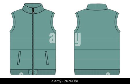 Fleece sweat jersey vest technical drawing fashion flat sketch vector illustration template front and back views Stock Vector