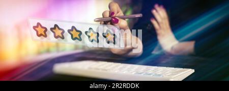 The girl appreciates the service experience and product quality or the friendliness of the staff and overall value Stock Photo