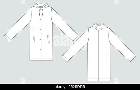 Long sleeve hoodie coat technical drawing fashion flat sketch vector illustration template front and back. Stock Vector