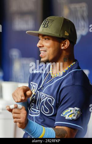 St. Petersburg, USA. 12th Apr, 2022. St. Petersburg, FL USA; Tampa Bay Rays  shortstop Wander Franco (5) runs to the dugout during an MLB game against  the Boston Red Sox on Wednesday