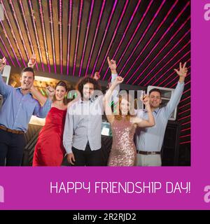 Composition of happy friendship day text over happy caucasian friends at bar Stock Photo
