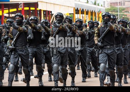 Yaounde, Cameroon. 20th May, 2023. Soldiers of the Rapid Intervention Battalion (BIR) march during the National Day celebration in Yaounde, Cameroon, May 20, 2023. Cameroon marked on Saturday the 51st anniversary of its National Day with a military and civilian parade in Yaounde. Credit: Kepseu/Xinhua/Alamy Live News Stock Photo