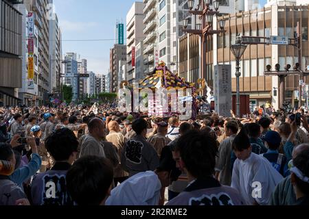 General view, Asakusa Sanja Matsuri is an annual festival which takes place every year on the third weekend of May in the Asakusa district of Tokyo, Japan. This years Sanja Matsuri is held from May 19 to 21, 2023. This festival is known as one of the Three Great Shinto Festivals in Tokyo. Other two Great Shinto Festivals areKandaandSannoMatsuri. Mainly, Sanja Matsuri celebrates the founding of Senso-ji Temple. During the festival, visitors can witness energetic processions, featuring colorful portable shrines called mikoshi, traditional music, and lively performances. Asakusa Sanja Matsuri is Stock Photo