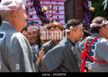 General view, Asakusa Sanja Matsuri is an annual festival which takes place every year on the third weekend of May in the Asakusa district of Tokyo, Japan. This years Sanja Matsuri is held from May 19 to 21, 2023. This festival is known as one of the Three Great Shinto Festivals in Tokyo. Other two Great Shinto Festivals areKandaandSannoMatsuri. Mainly, Sanja Matsuri celebrates the founding of Senso-ji Temple. During the festival, visitors can witness energetic processions, featuring colorful portable shrines called mikoshi, traditional music, and lively performances. Asakusa Sanja Matsuri is Stock Photo