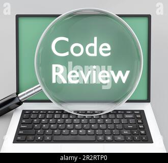 3D illustration of Code Review script under a magnifying glass over a green laptop's screen Stock Photo