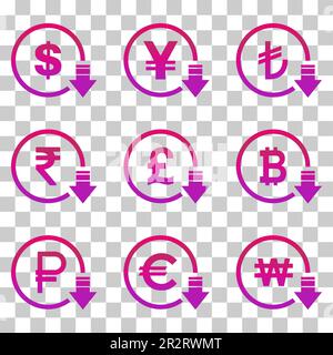 Cost reduction- decrease dollar euro icon. Vector symbol image isolated on background . Stock Vector