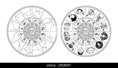 Astrological wheel with zodiac signs, hand drawn signs, symbols and constellations, beautiful star chart blanks, vintage line vector illustration. Mod Stock Vector