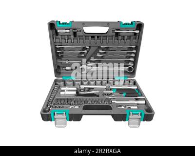 A set of mechanics tools for car service. Universal tool set for car repair isolated on white background. Tool kit for the car. Various metal tools Stock Photo