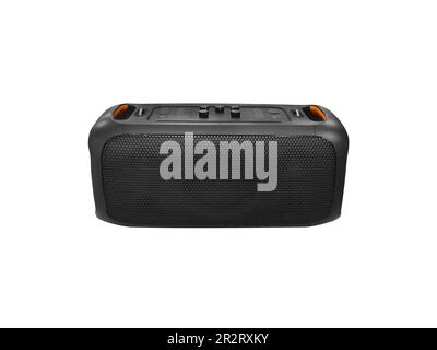 Portable wireless bluetooth speaker isolated on white background. Digital wireless sound speaker isolated. Big portable bluetooth loudspeaker. Stock Photo