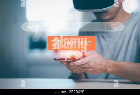 Man wearing VR glasses virtual using smartphone with Searching Browsing Internet Data Information with blank search bar. man's hands are using smartph Stock Photo