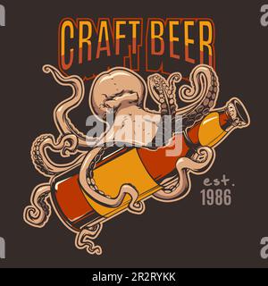 Banner with octopus and craft beer in hand drawn style for print and design.Vector illustration. Stock Vector