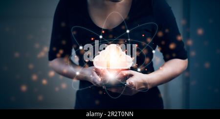 Business woman touching connect to data information on cloud computing network. Cloud computing concept.Cloud computing and network security, Cloud sh Stock Photo