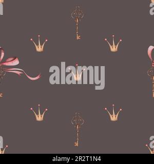 seamless watercolor pattern with crown, key and pink bow. cute pattern for princesses. textiles for little babies. enjoy Stock Photo